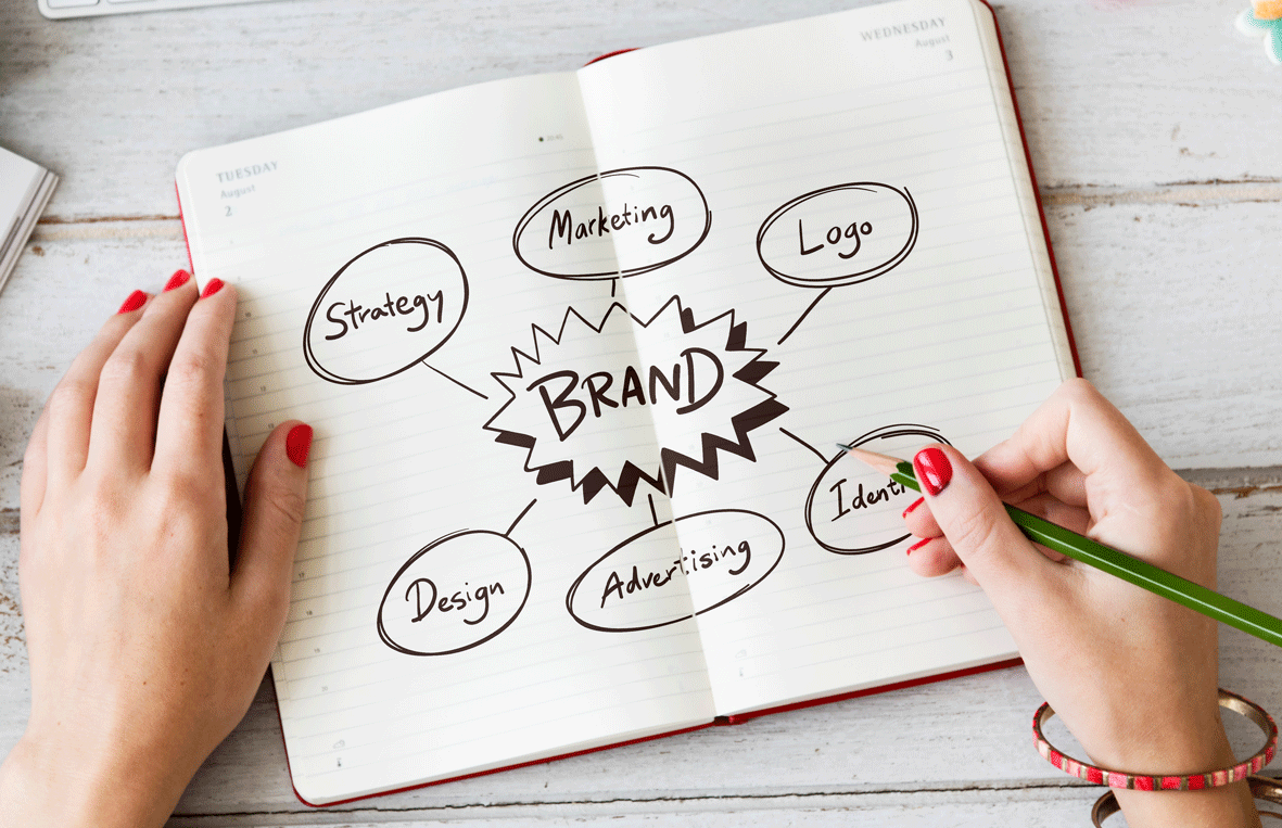 manos de una mujer dibujando un diagrama sobre branding en un cuaderno con un lápiz