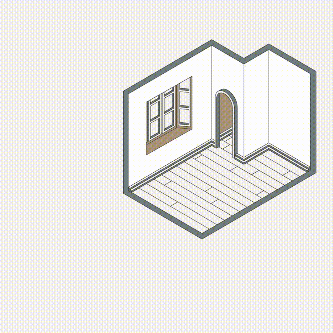 a room with a door and a window