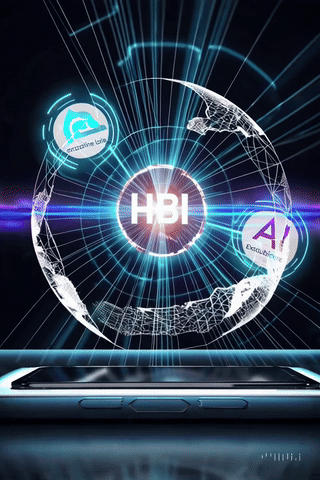Businessman and AI interface exchanging value using $BCOIN™ in a high-tech digital marketplace setting