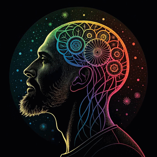 a man with a beard and a psychedelic headdress
