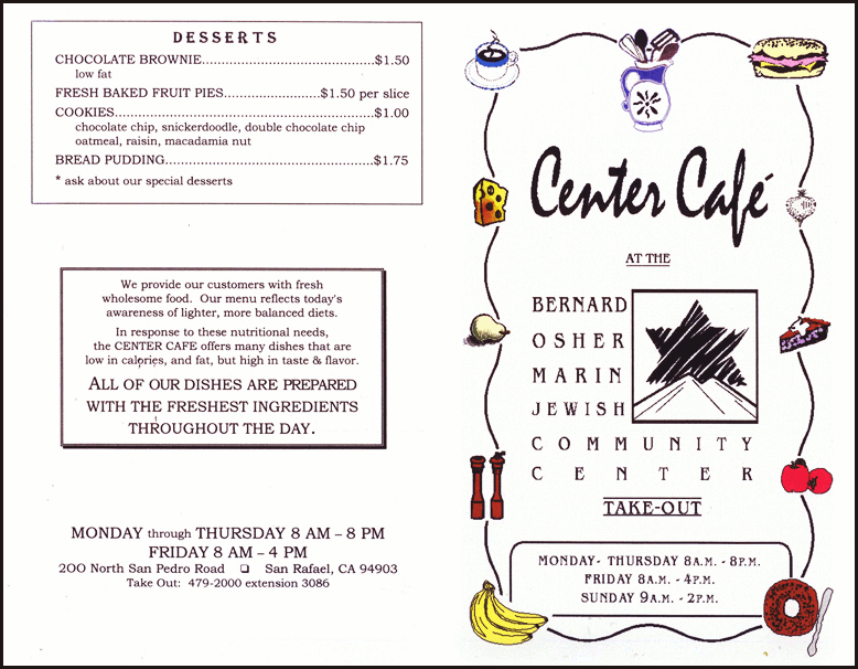 Bernard Osher Marin Jewish Community Center - Center Cafe take-out menu cover.