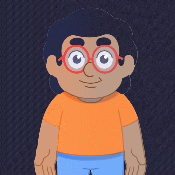 Animated cartoon character wearing red glasses and an orange shirt with big expressive eyes.