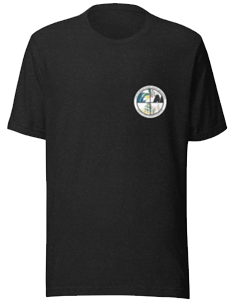 Front of dark t-shirt with white ink/logo