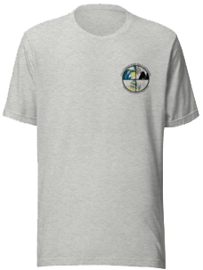 Front of light t-shirt with black ink/logo