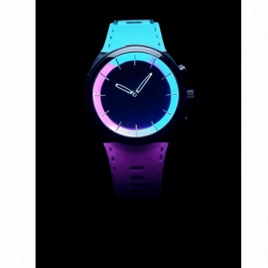 a watch with a blue and purple band