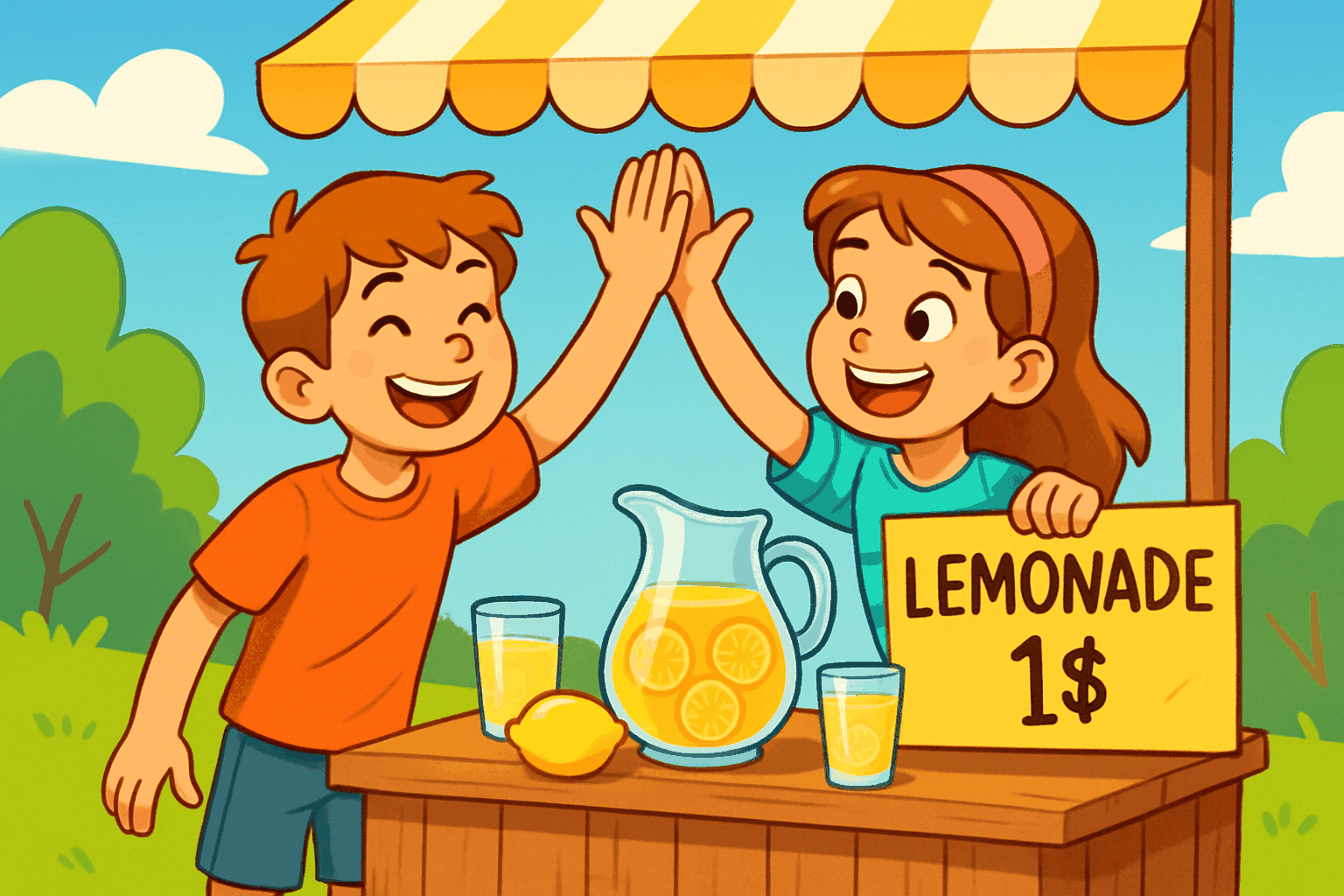 Young and Teens standing at a lemonade stand, making businesses