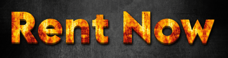 a fire - colored text that reads rent now