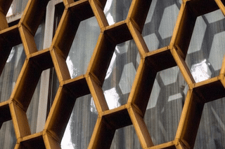 a city window reflecting movement protected behind a hexagonal grid