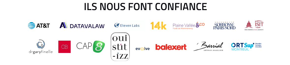 Logos clients FormIALab : AT&T, ElevenLabs, Sorbonne Paris Nord, ISIT, ORT Montreuil et autres