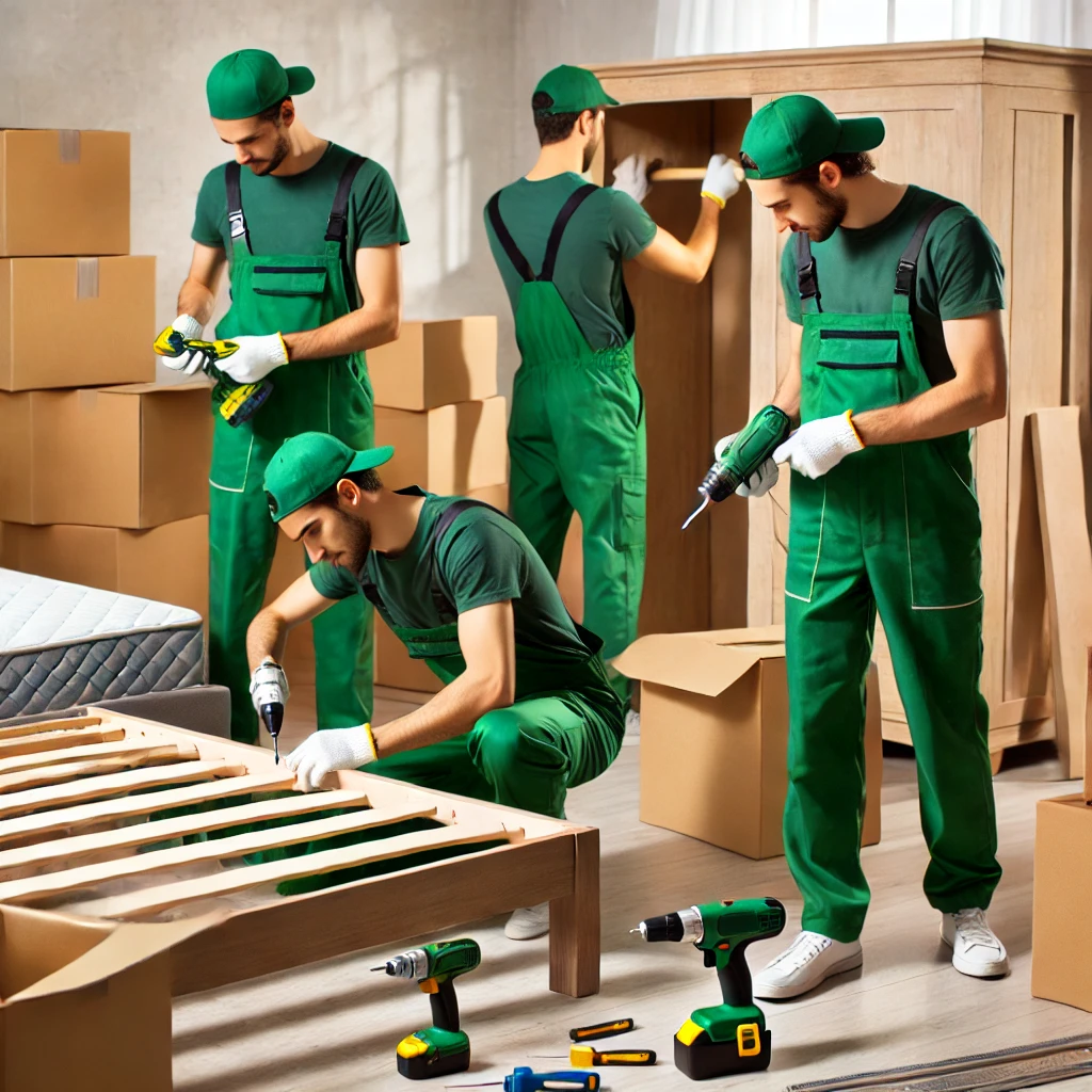 dalla e 2025 03 22 03.00.49 a professional moving company team in green uniforms carefully dismantling and assembling furniture such as beds wardrobes and tables using special AR0LB0QQQ4f5JPgk