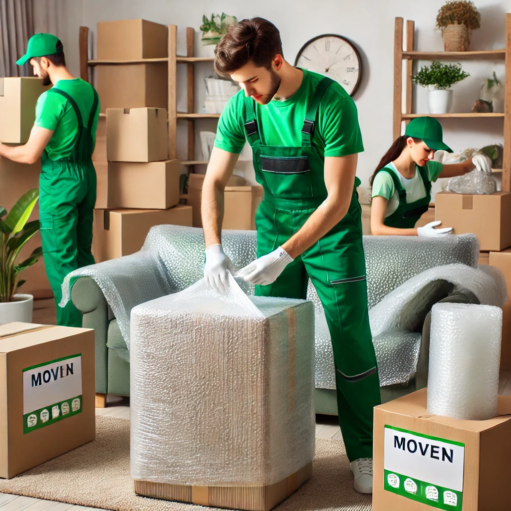 dalla e 2025 03 22 03.01.04 a professional moving company team dressed in green uniforms carefully wrapping and packing furniture using protective materials such as bubble wrap m6LZMLzzN5UBa0Bj