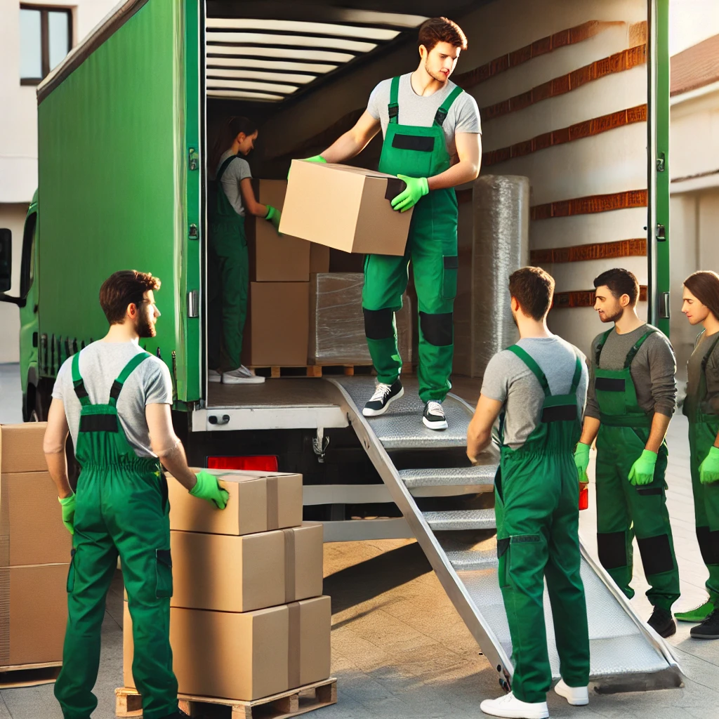 dalla e 2025 03 22 03.01.12 a professional moving company team dressed in green uniforms carefully carrying and loading furniture onto a green truck. the workers are using safet YBg71gJJ9XSL0JRj