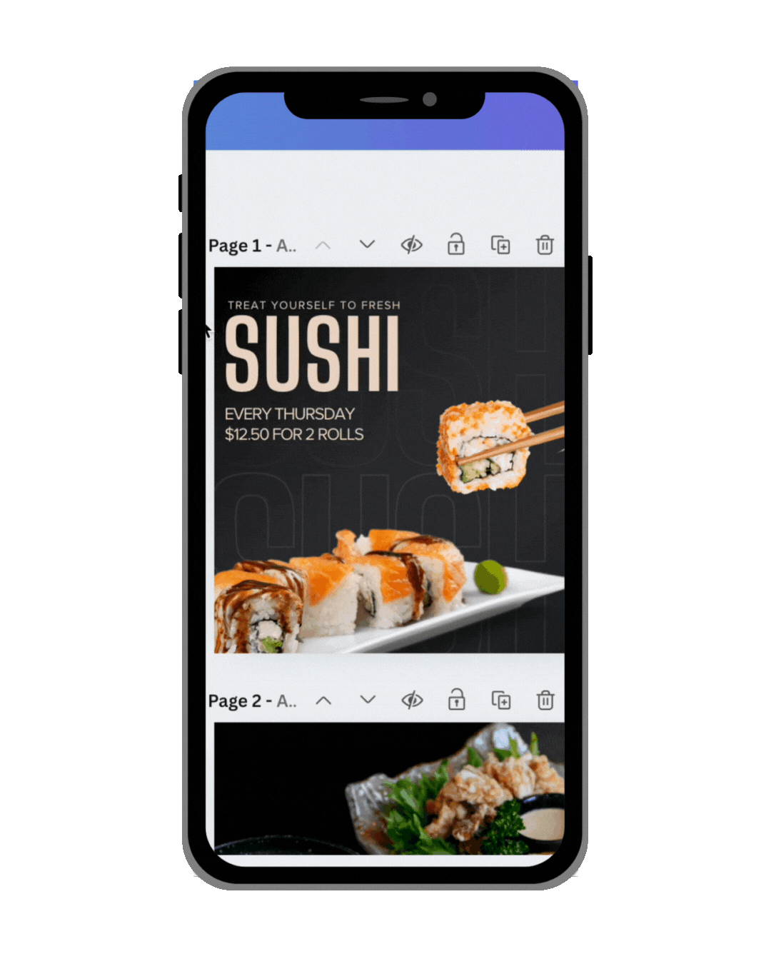 a smartphone phone showing a sushi on the screen