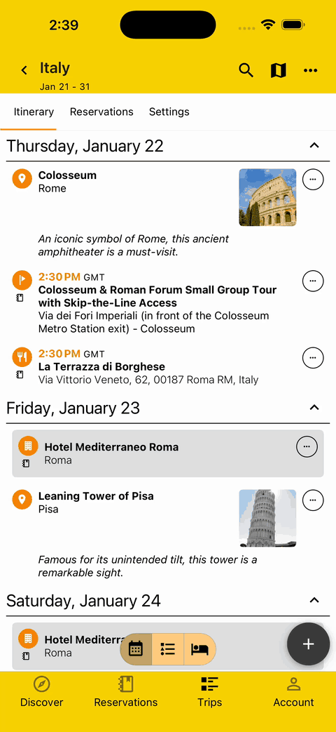 gif showing how to add a checklist and note to itinerary
