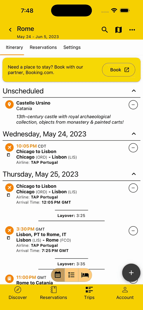 gif showing what each itinerary view looks like with collapsed sections