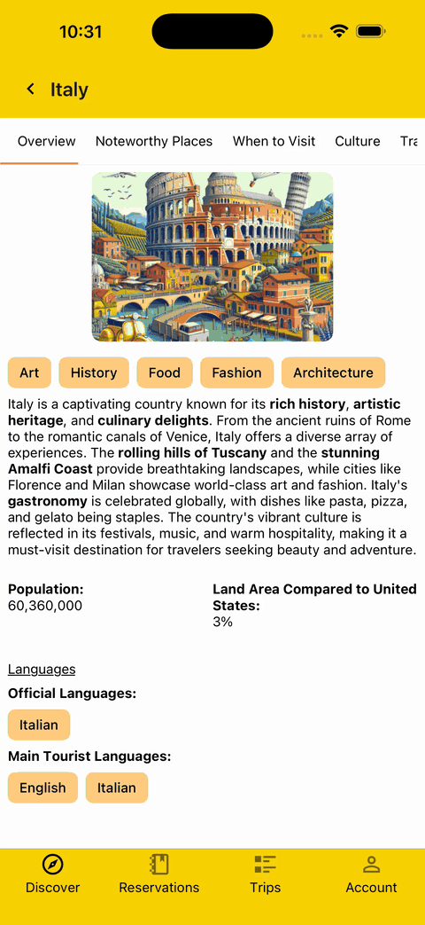 gif showing different information like noteworthy places, culture, money for the country of Italy