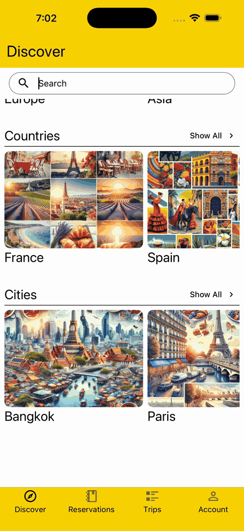 gif showing details on a city like noteworthy places to visit, weather, transport, and more
