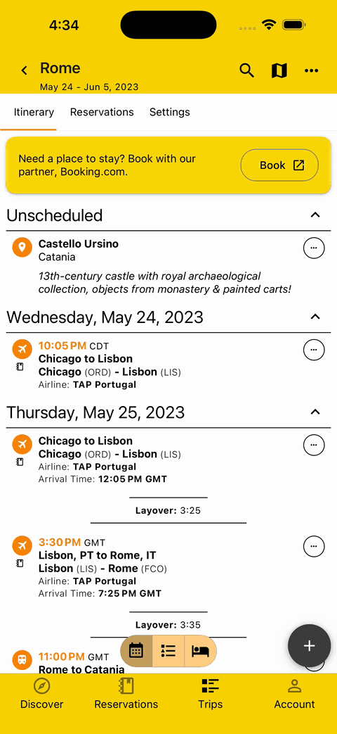 gif showing each itinerary view by day, plan type, and lodging