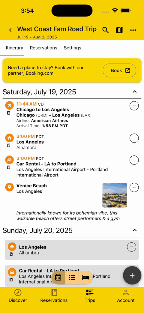 gif showing itinerary by day, plan type, and lodging