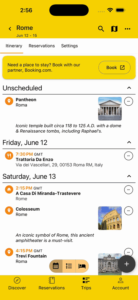 gif showing how plans show on map based on itinerary view type