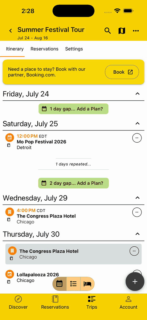 gif showing how the map changes based on the itinerary view type