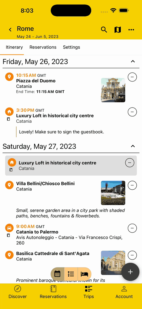 gif with map open showing different color coding of markers based on itinerary view