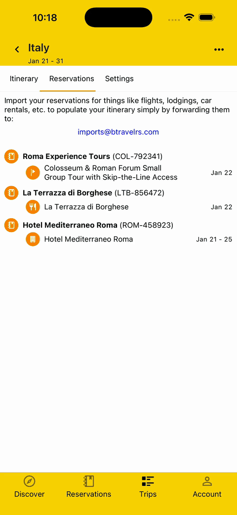 gif showing how to import reservations to a trip