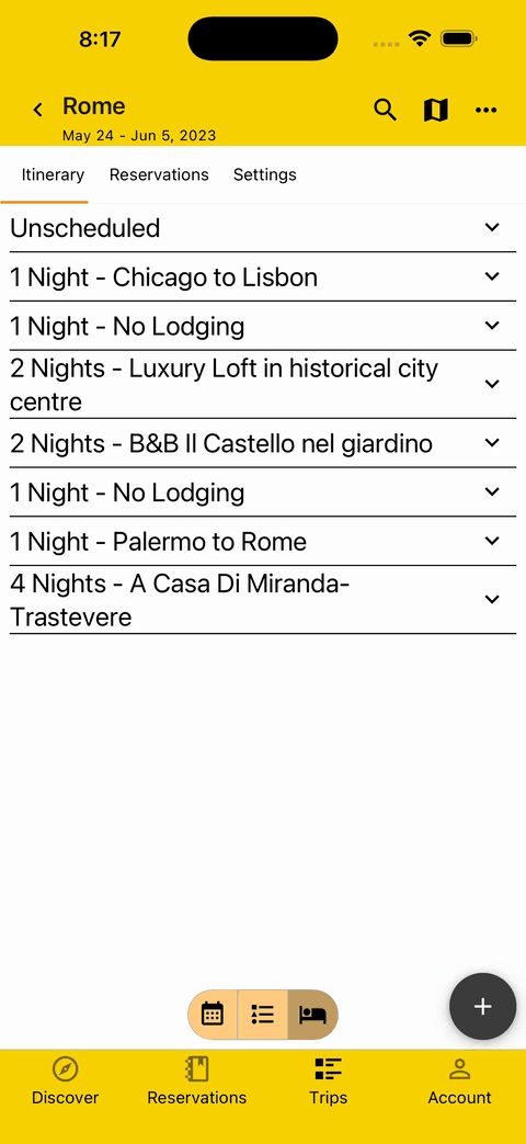 gif showing how adding a secondary plan type like lodging to a plan will affect where it's shown