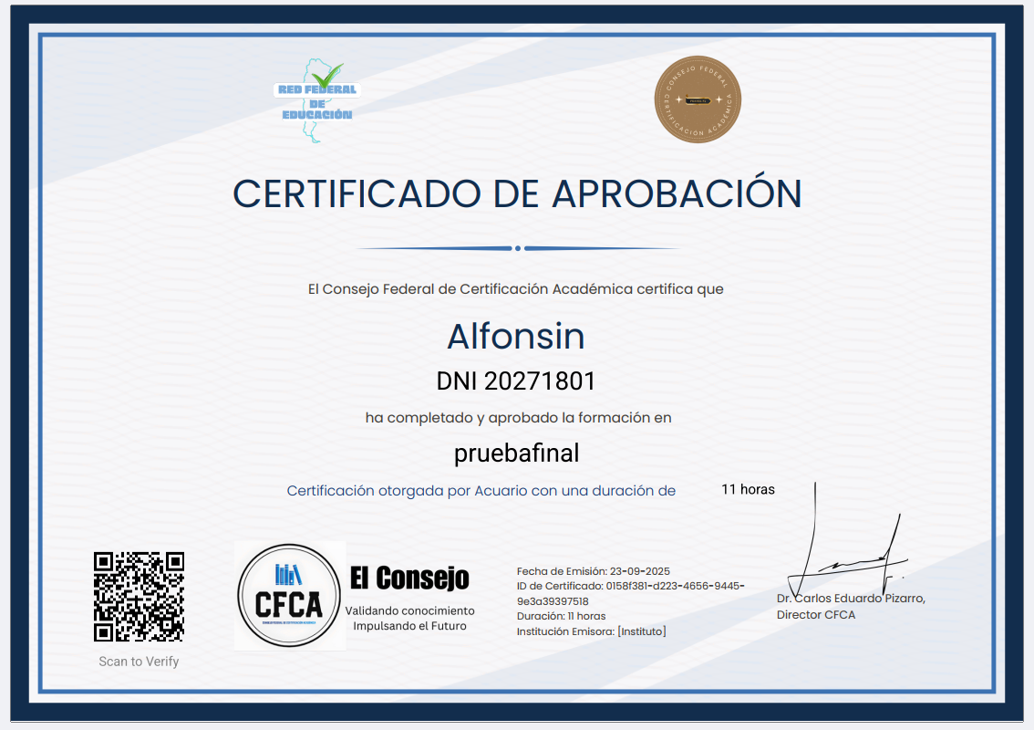 Muestra de certificado CFCA