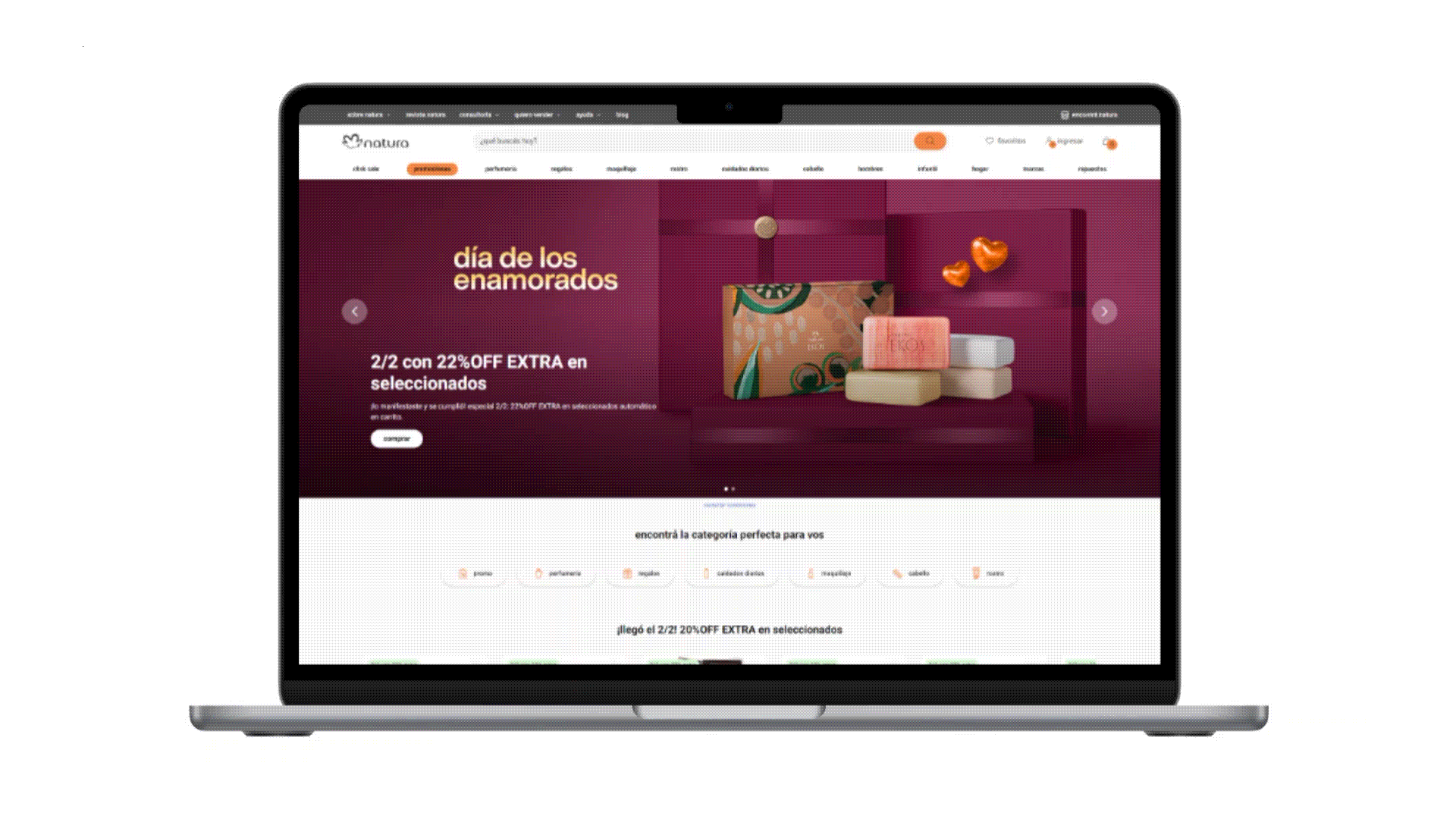 Laptop displaying Natura website with Valentine's Day skincare gift set promotions and discounts.