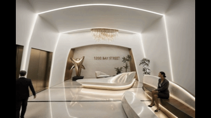 Luxury residential lobby architecture with sculptural gold interior elements in downtown Toronto