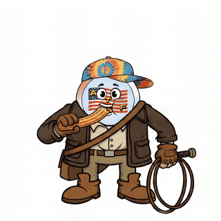 American Travel Fun mascot dressed as Indiana Jones happily eating a churro at Disney World.