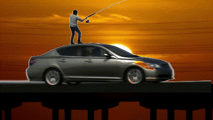 Fishing while on a moving car, driving over a bridge