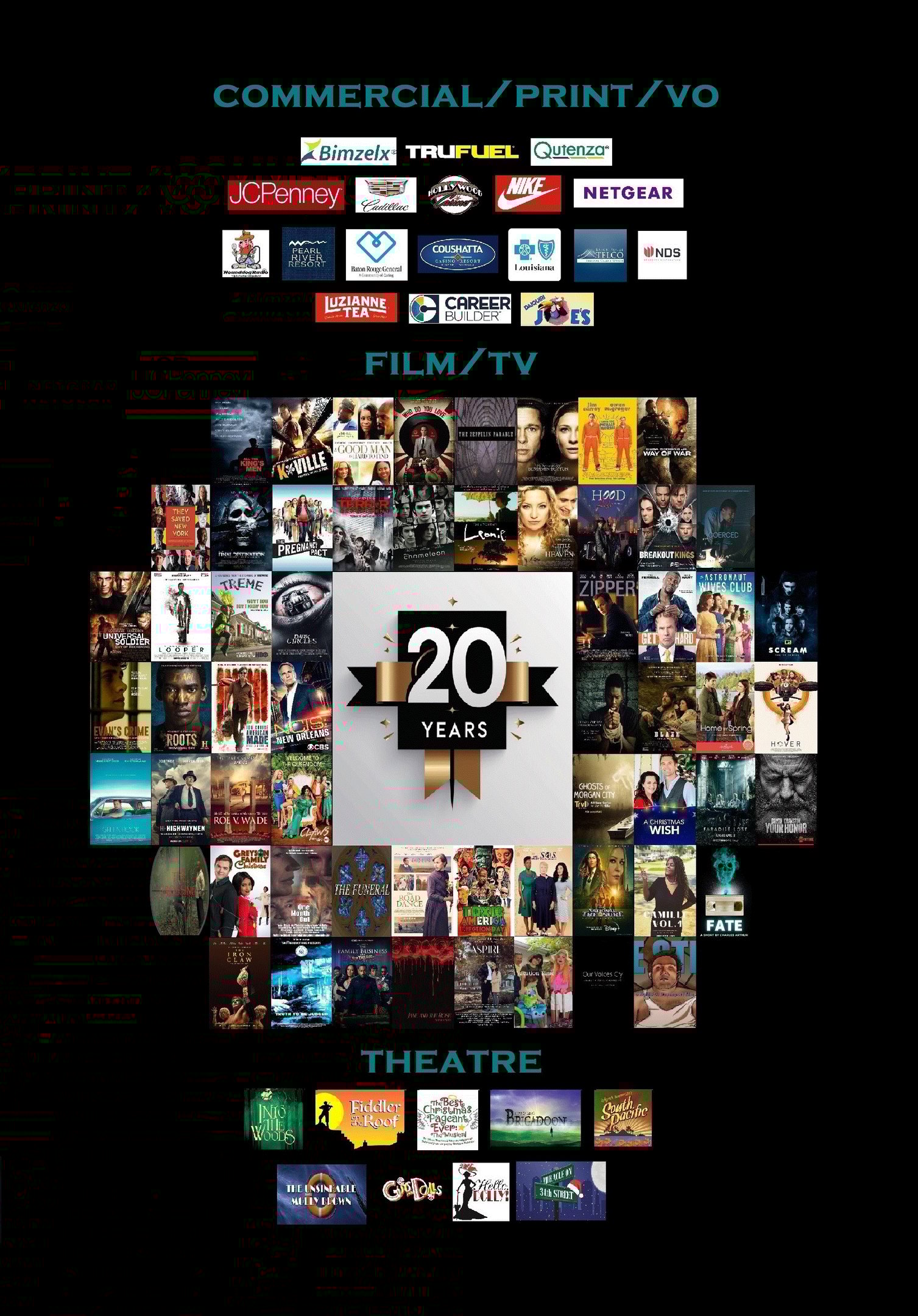 A film poster showing Brett Beoubay's 20+ years of acting projects