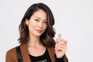 a woman in a brown jacket and black top