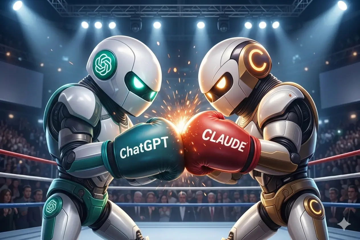 Student using laptop with ChatGPT and Claude AI interfaces side by side