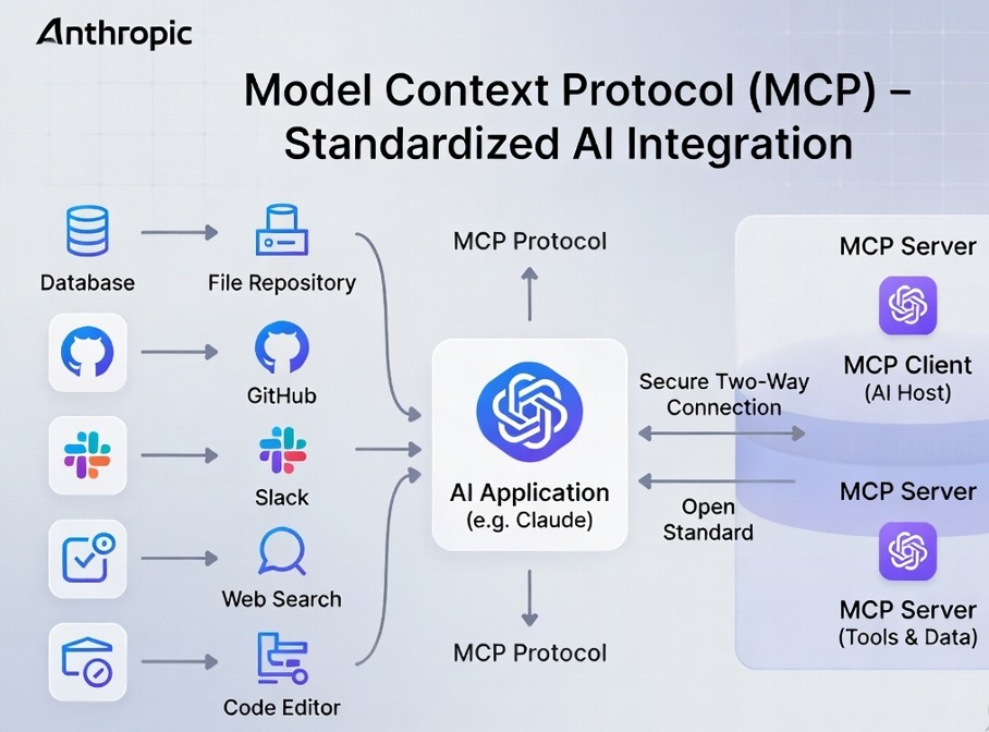 Abstract representation of AI agent connecting to multiple data sources through MCP protocol