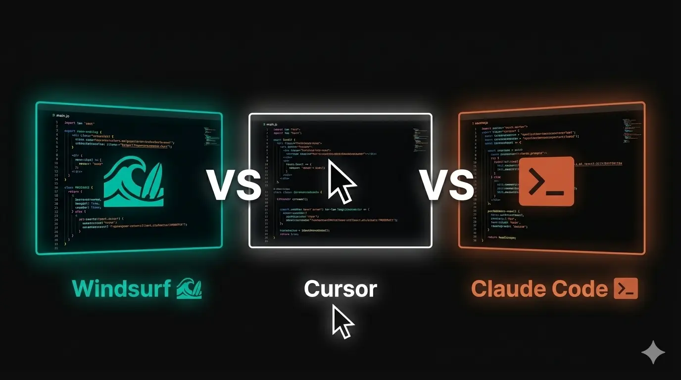 Three AI code editors comparison: Cursor, Windsurf, and Claude Code interfaces