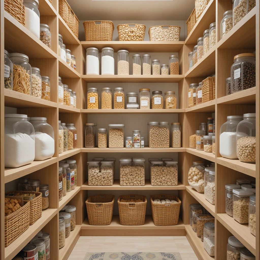 A walk-in pantry with clear airtight containers filled with flour