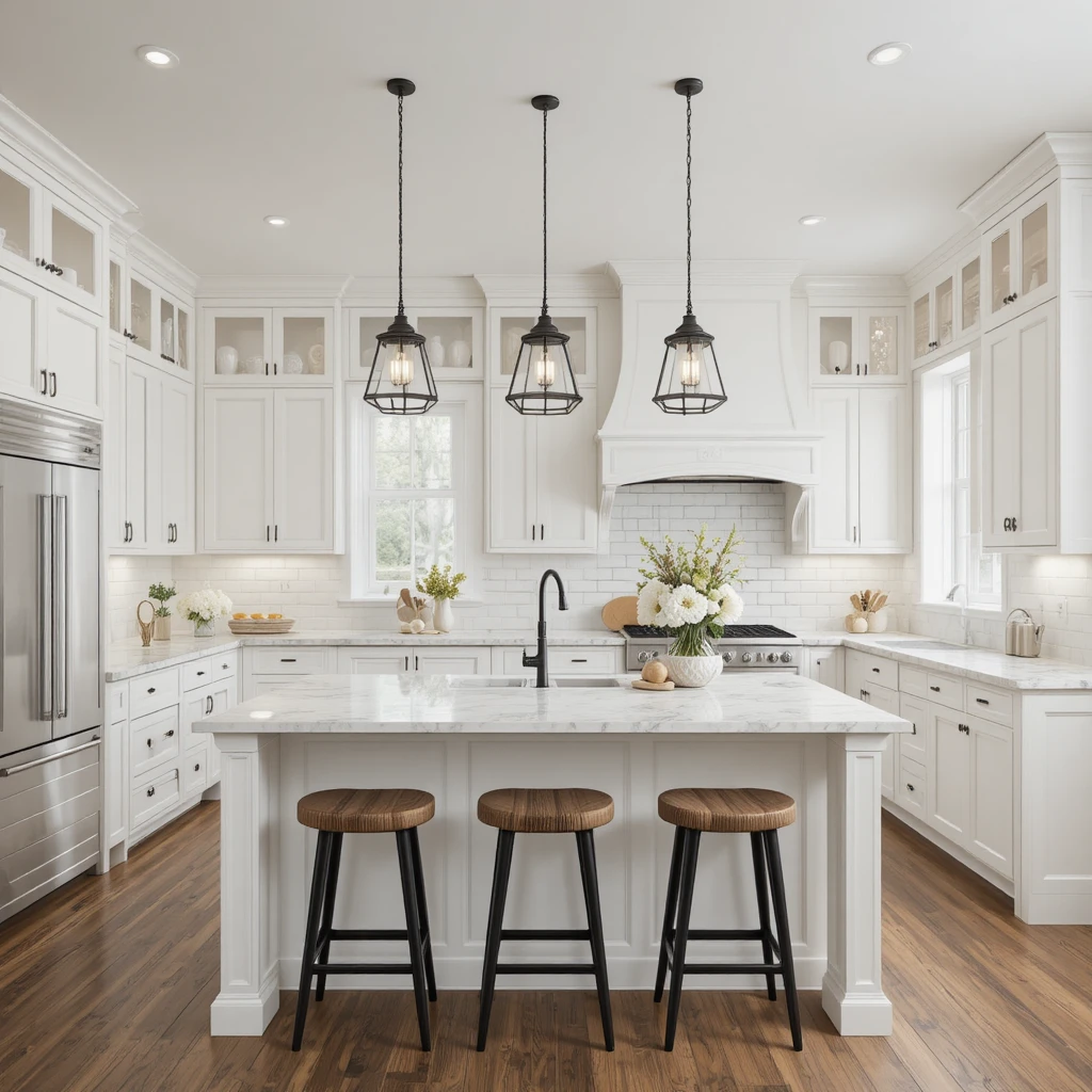 A timeless farmhouse kitchen featuring elegant white shaker-style cabinets with matte black hardware