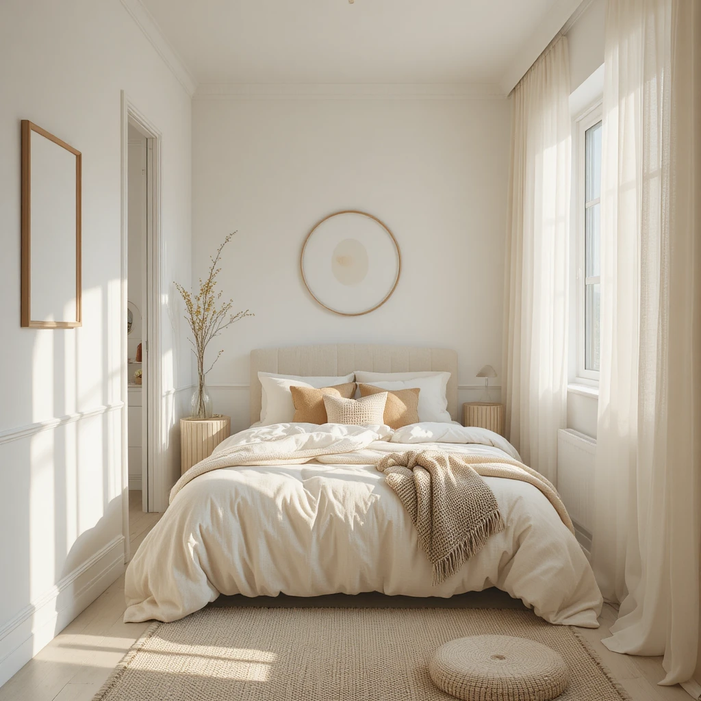 A bright tiny bedroom with soft white walls, warm beige bedding, and sheer curtains allowing natural