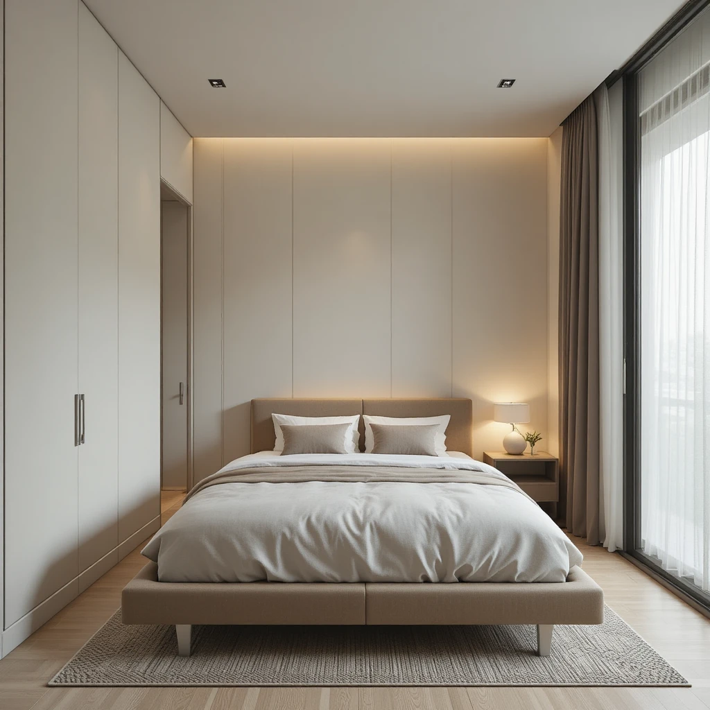 Minimalist tiny bedroom with only essential furniture, low bed, small side table, neutral color pale