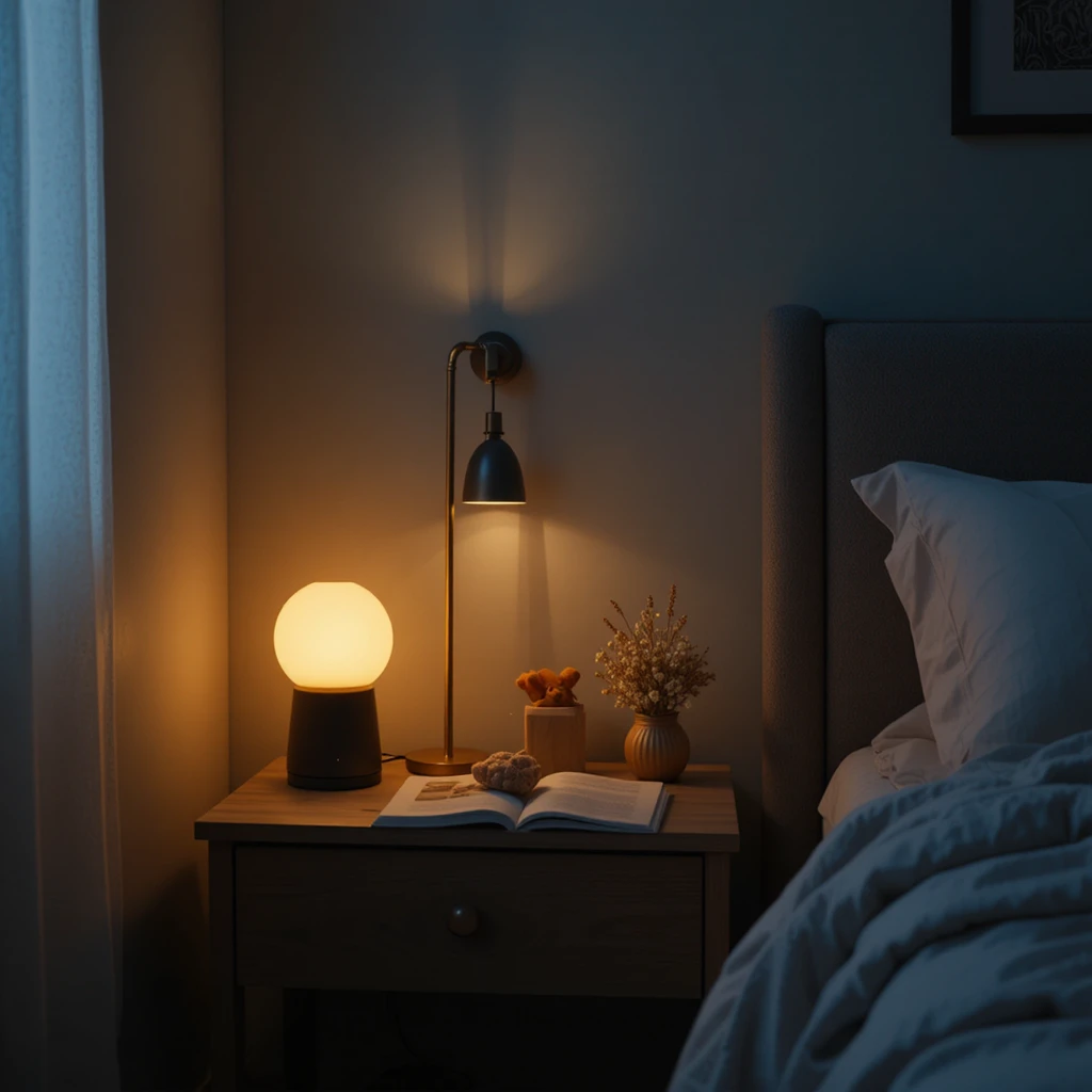 A bedside table in a small bedroom featuring a minimal modern lamp with warm soft lighting, glowing