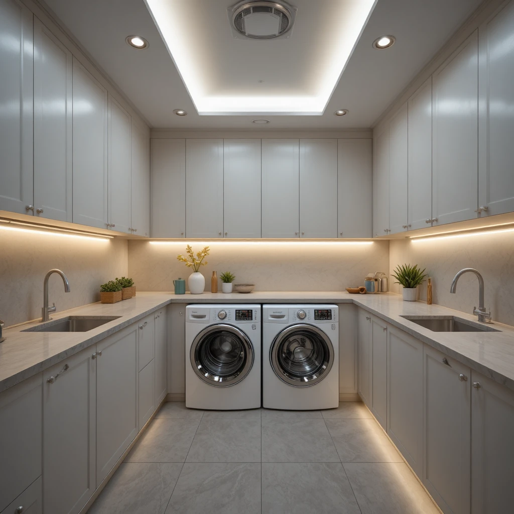 A modern laundry room illuminated with recessed ceiling lights and soft under-cabinet