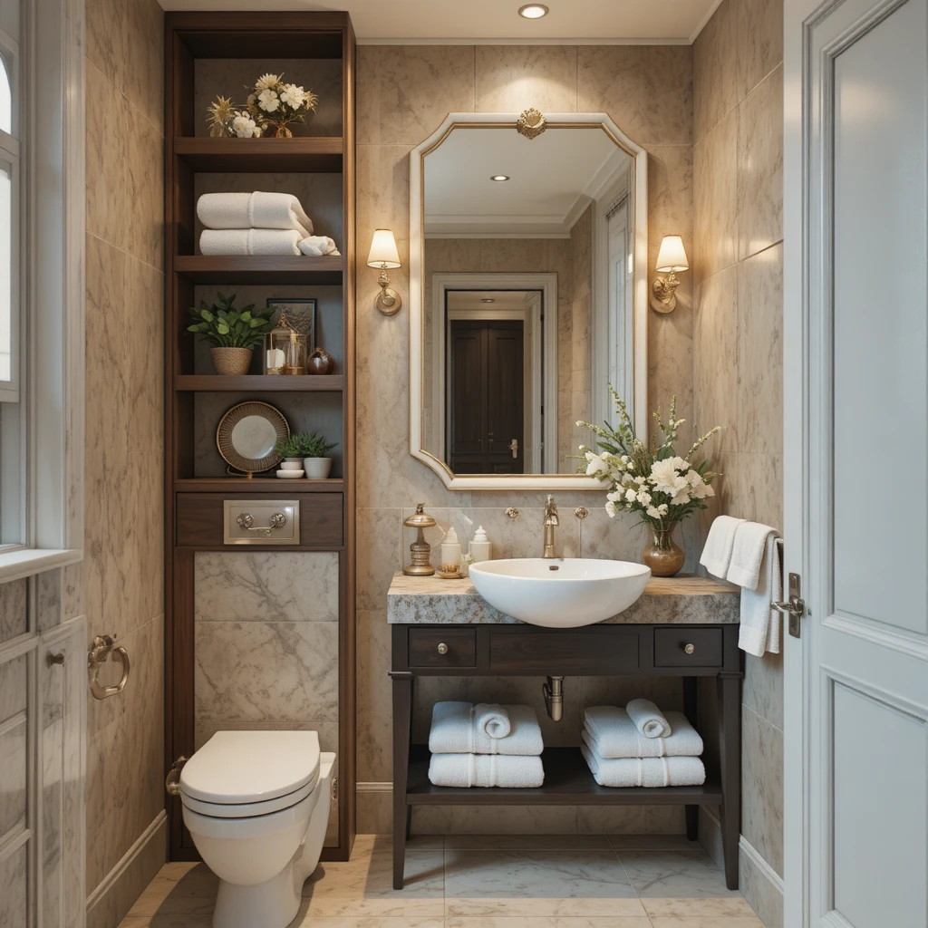 Stylish designer-curated tiny bathroom setup, focus on vertical storage shelves, floating shelves wi