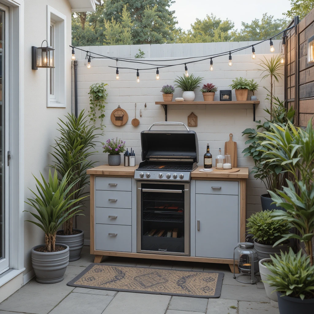 A compact outdoor kitchen setup in a small patio space, featuring a portable grill, small wooden pre