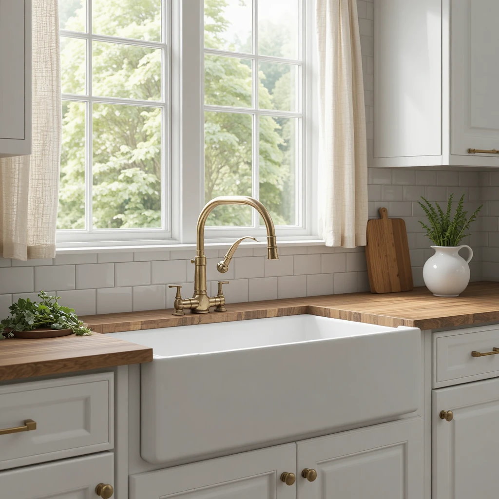 A close-up of a white apron-front farmhouse sink set into a wooden countertop