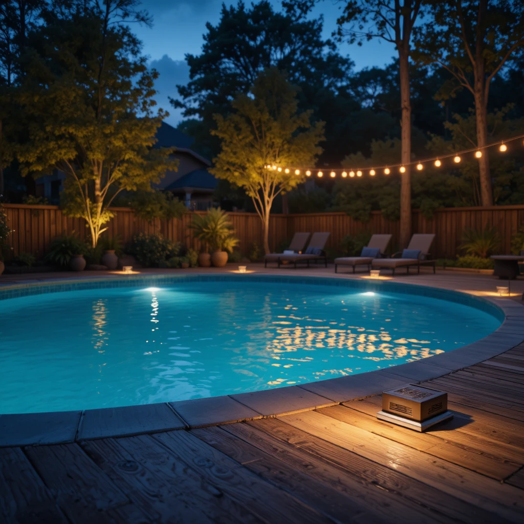 Evening backyard scene around an above ground pool with soft glowing solar deck lights installed alo
