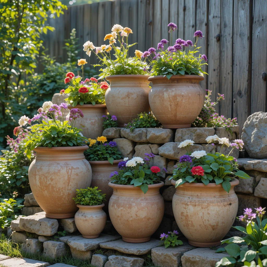 Designer-style garden composition with multiple distressed clay pots in different sizes arranged in