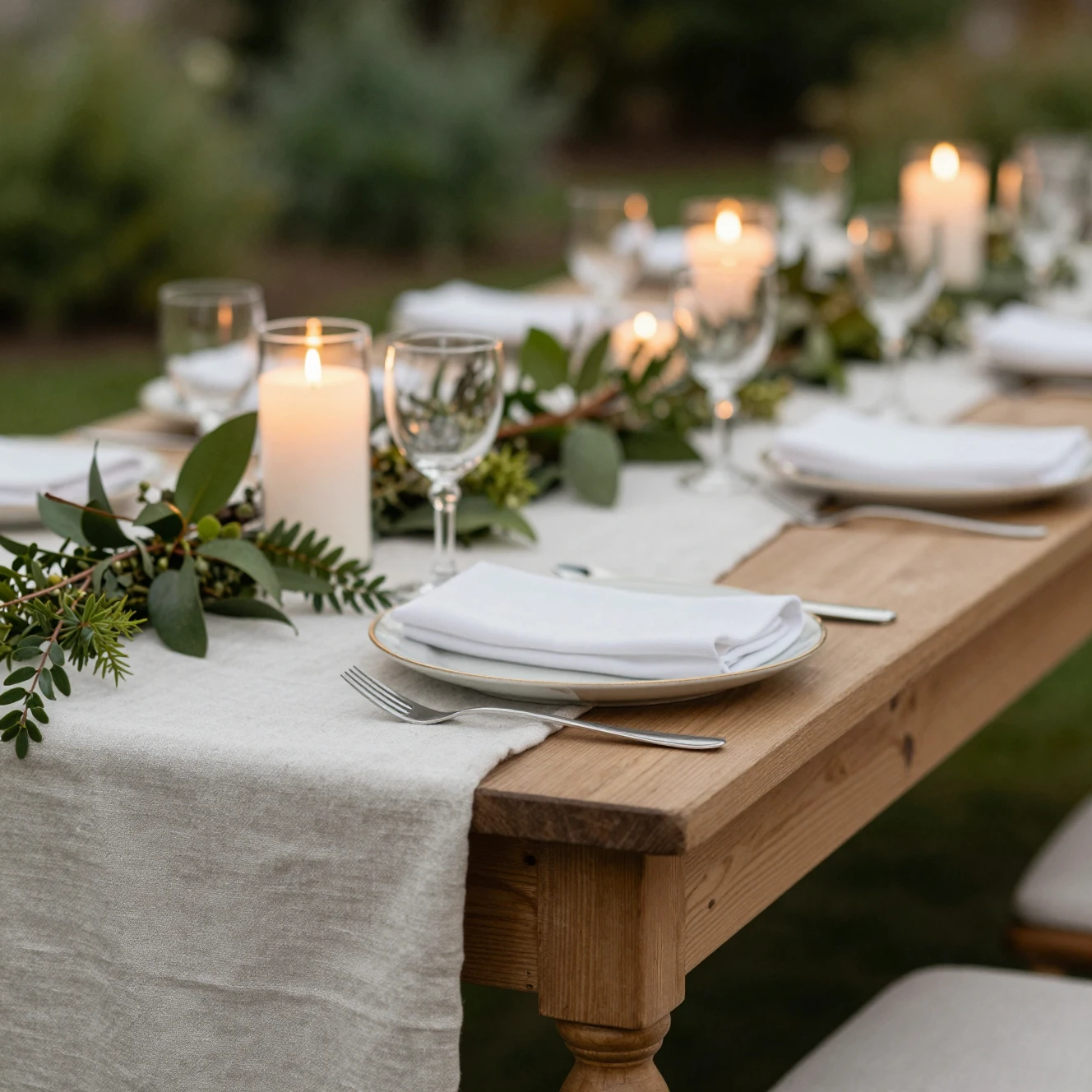 Layered outdoor garden party scene showing textures like linen tablecloth, wooden table